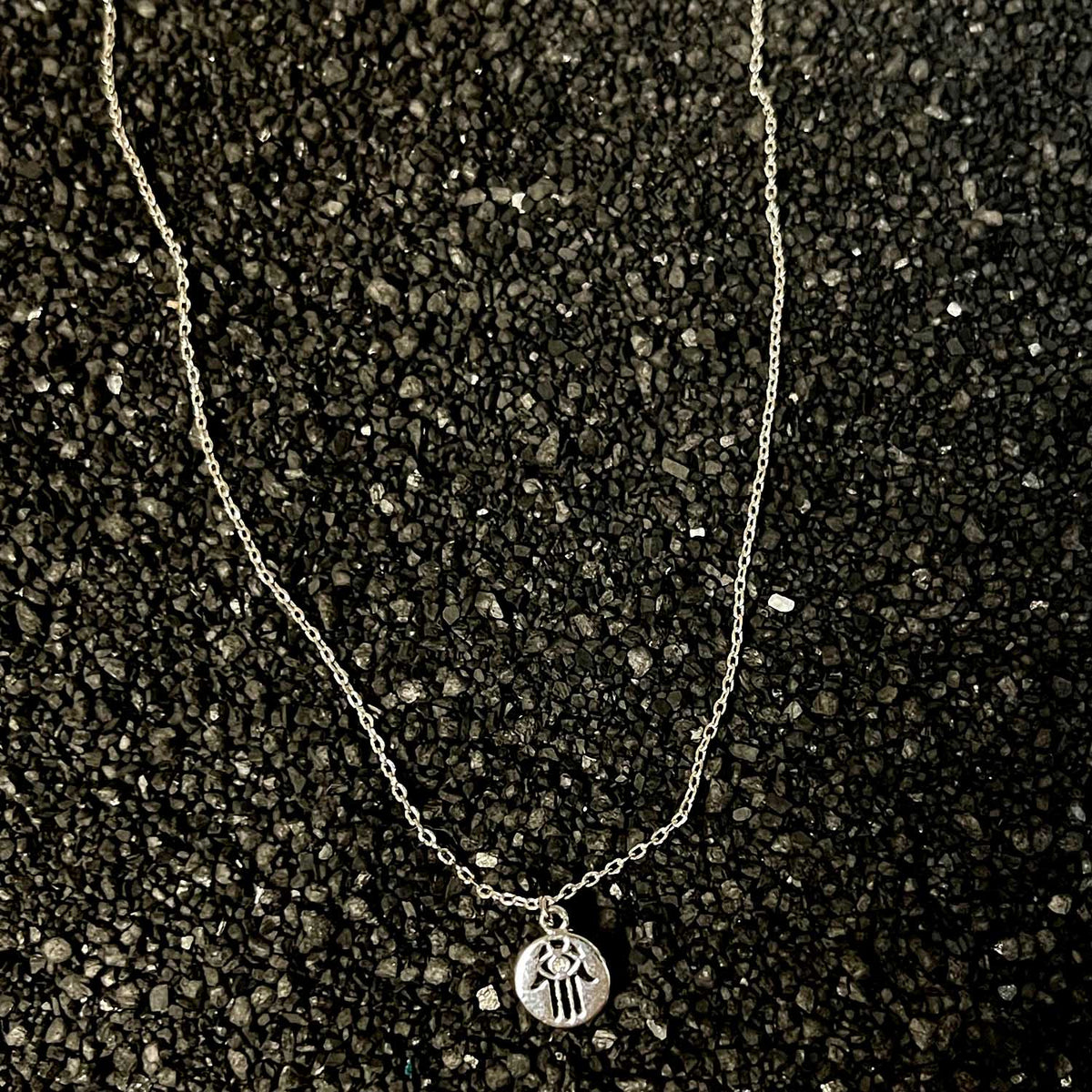 Tiny Circle Charm Hamsa &amp; Evil Eye Silver Necklace