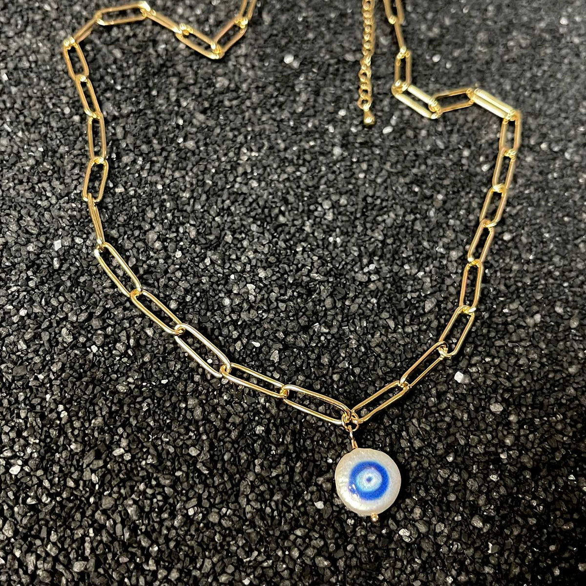 Gold Link Pearlized Evil Eye Necklace