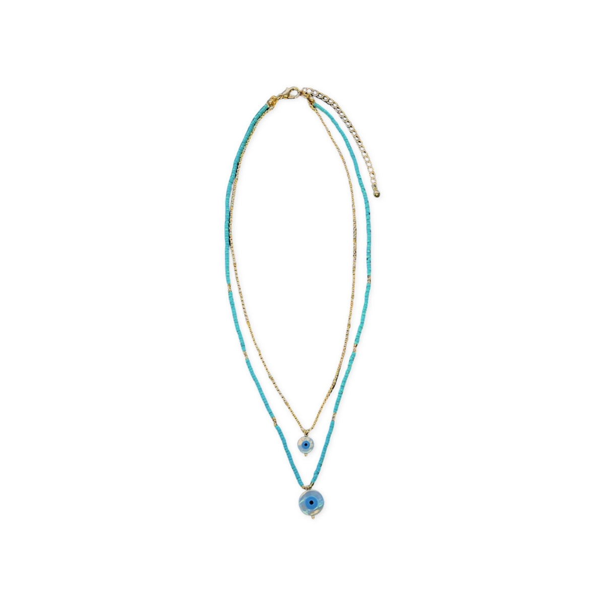 Two Strand Gold Turquoise Seedbead Evil Eye Necklace