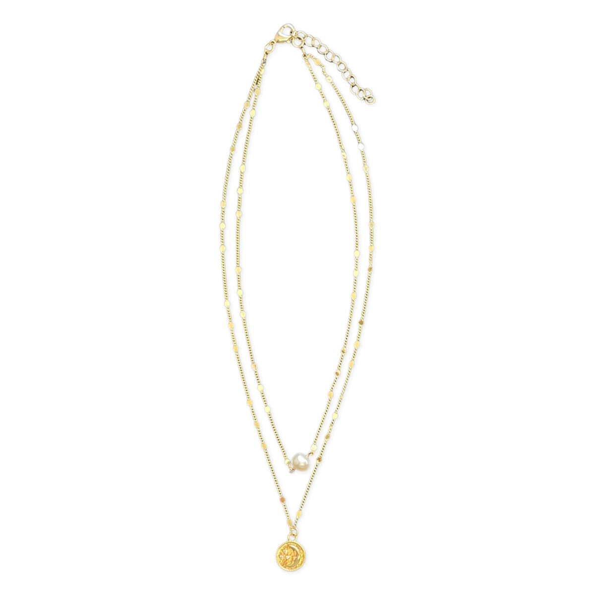 Two Strand Gold Fresh Water Pearl &amp; Moon Disc Necklace