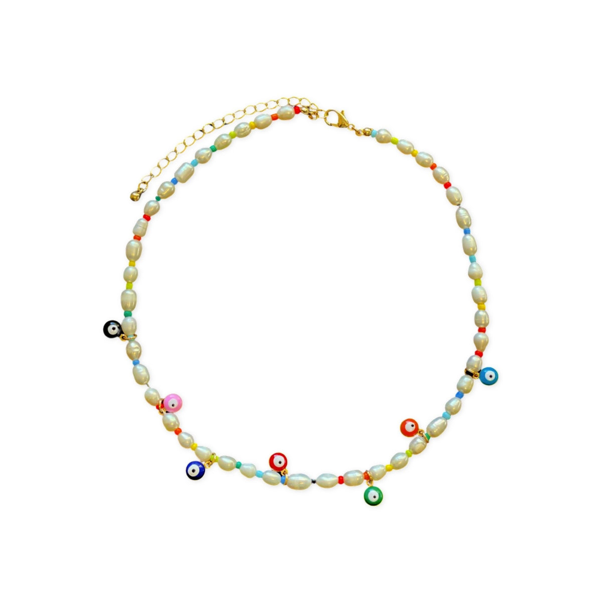 Fresh Water Pearl &amp; Colorful Evil Eye Gold Necklace