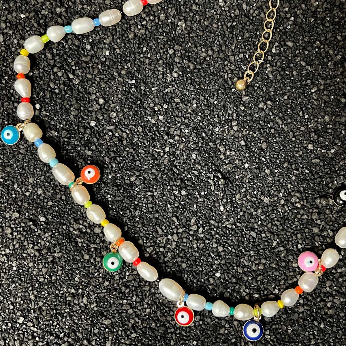 Fresh Water Pearl &amp; Colorful Evil Eye Gold Necklace