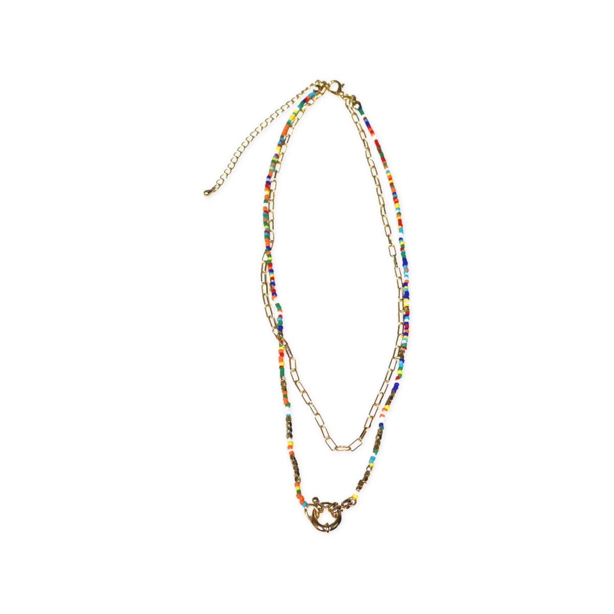 Two Strand Colorful Seedbead Gold Link Necklace