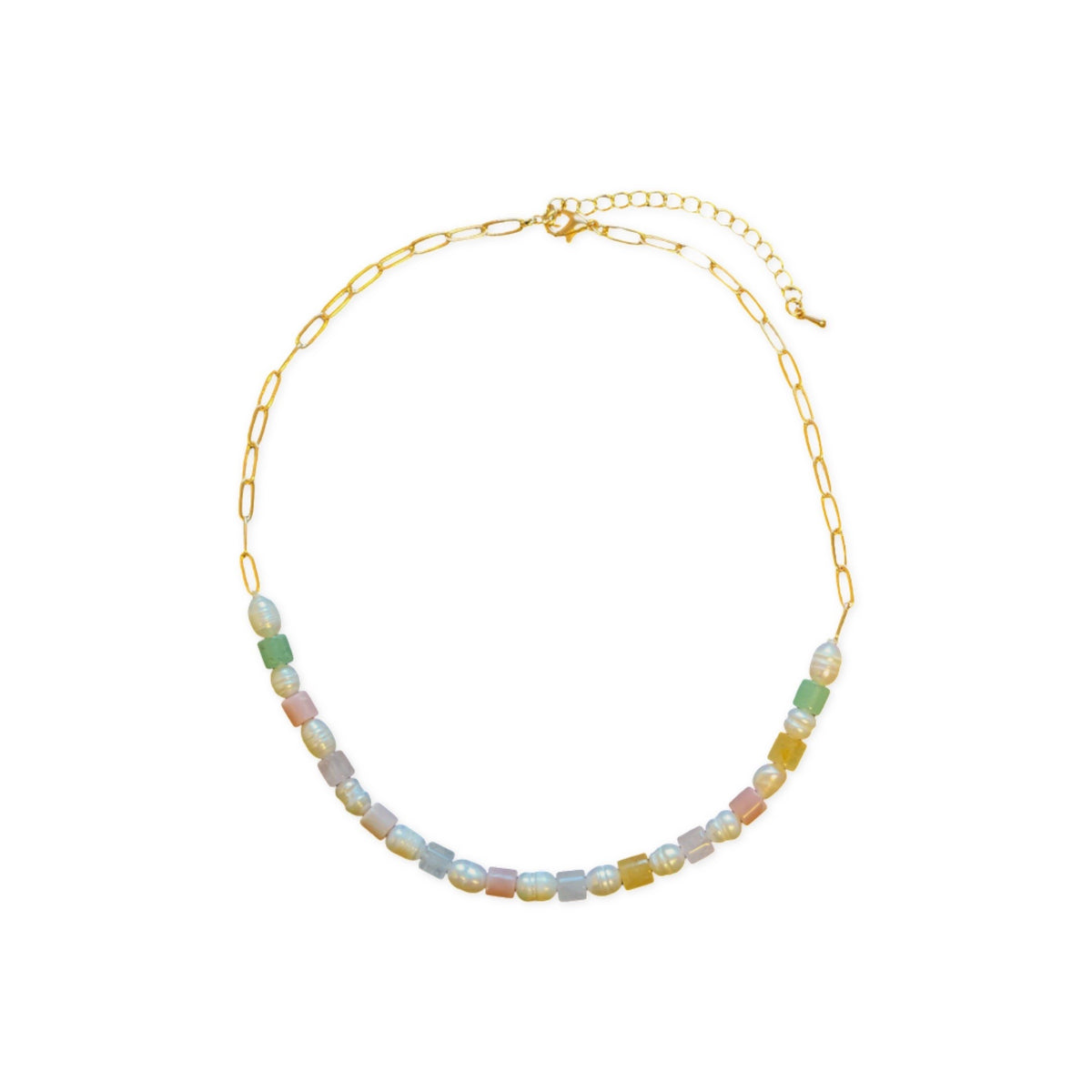 Gold Link Square Natural Stone &amp; Fresh Water Pearl Necklace