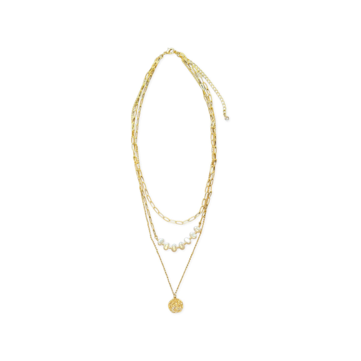 Three Strand Pearl - Link - Disc Charm Necklace