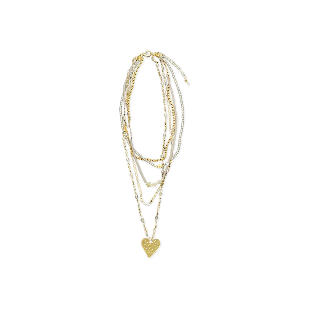Five Strand Gold Heart - Fimo - Link - Pearl &amp; Seed Bead Necklace