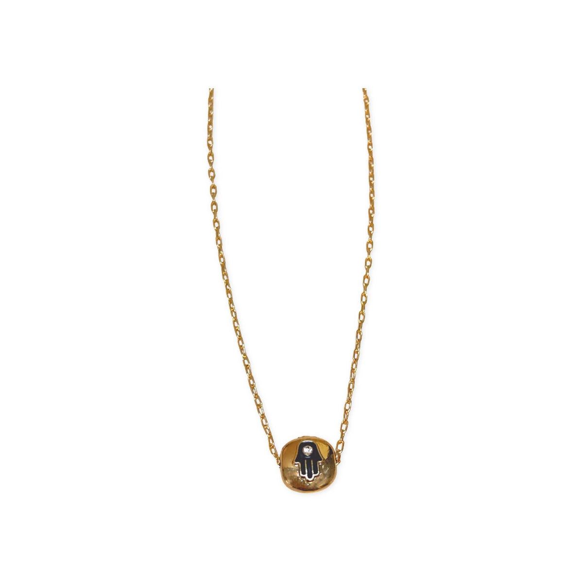 Black Hamsa Circle Charm &amp; Single Crystal Gold Necklace