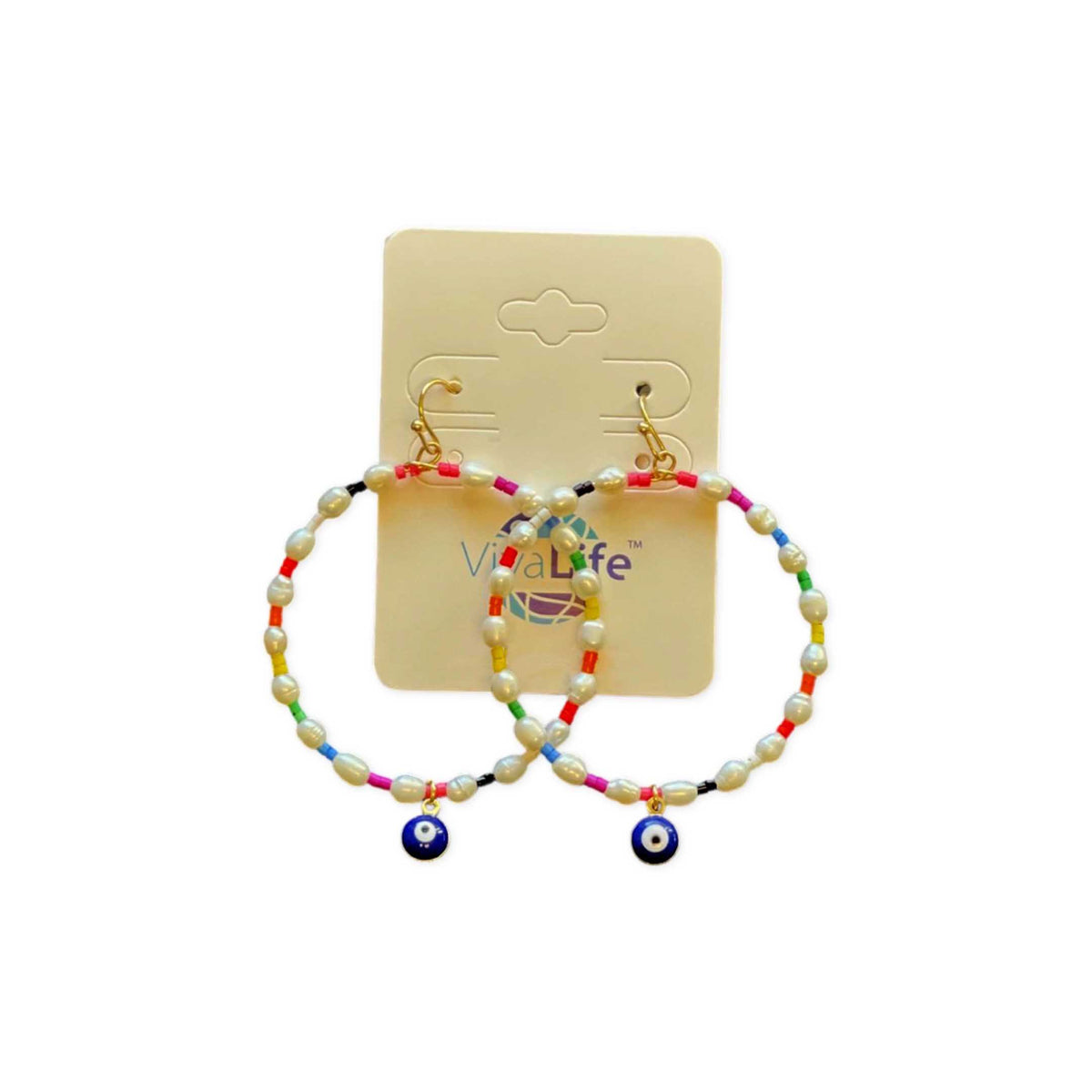Fresh Water Pearl &amp; Colorful Evil Eye Gold Earrings