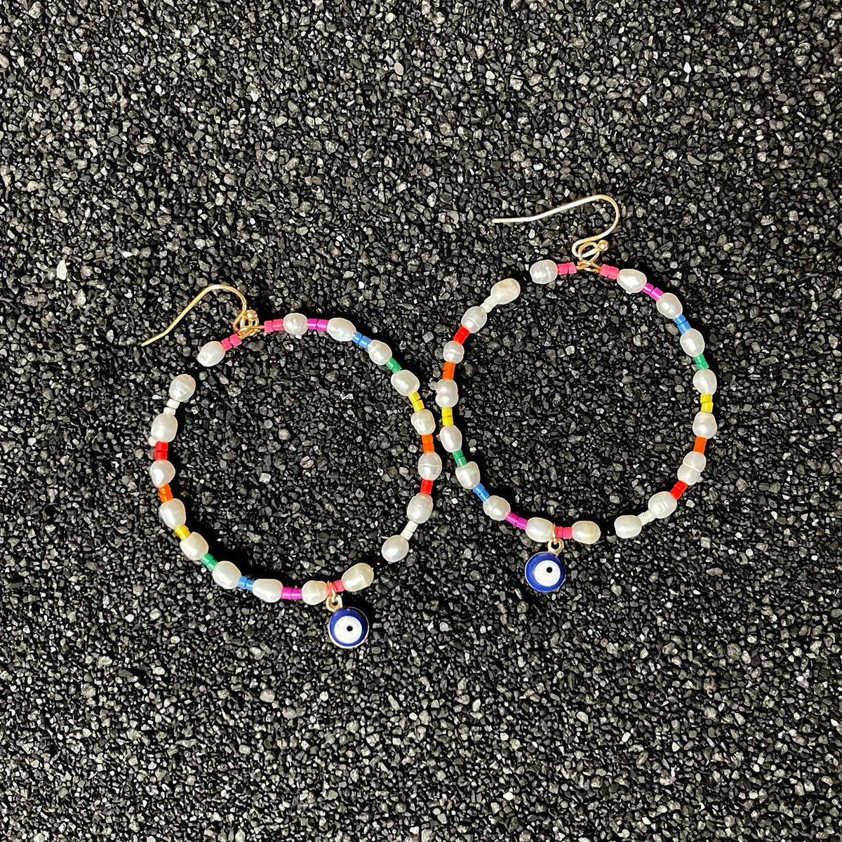 Fresh Water Pearl &amp; Colorful Evil Eye Gold Earrings