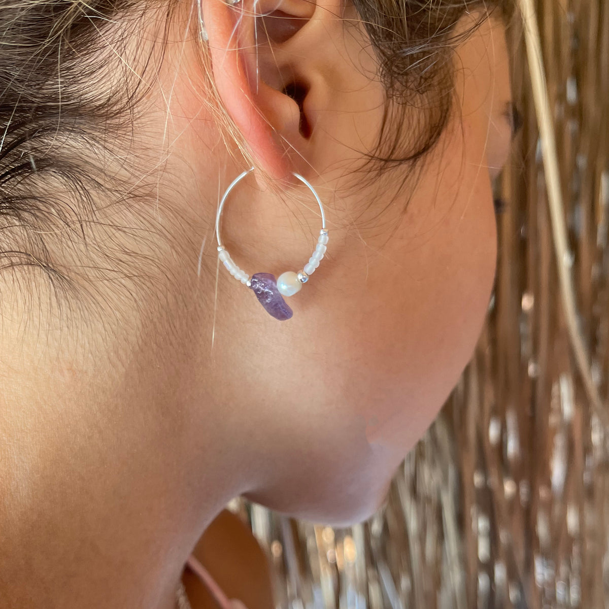 Stone Chip, Pearl &amp; Seed Bead Hoop Earrings - Viva life Jewellery