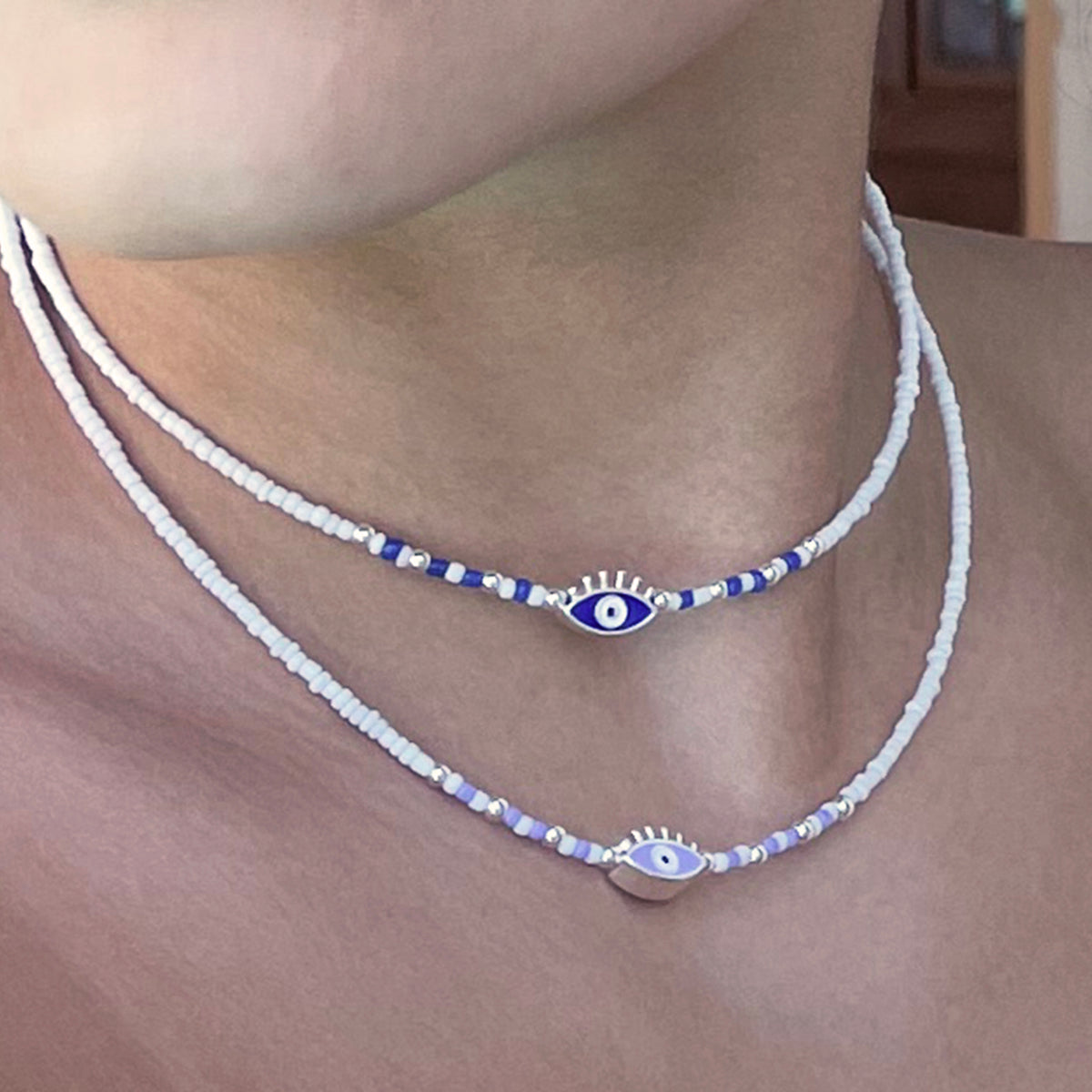 White Seedbead Colorful Enamel Eye of Protection Necklace