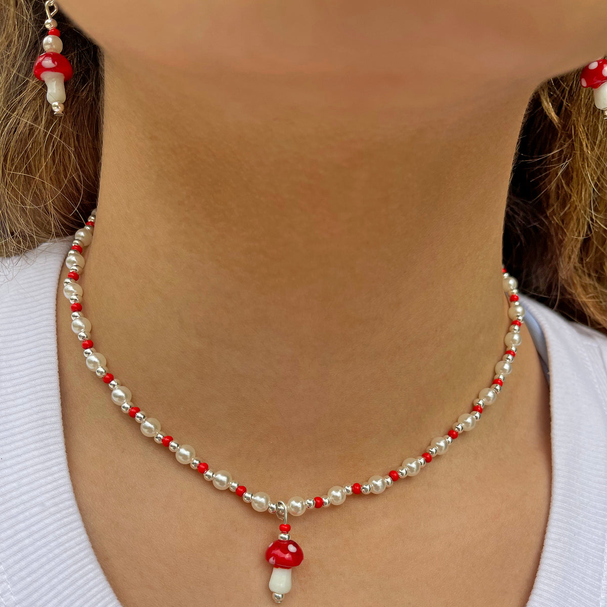 Colorful Seed Bead Pearl Glass Mushroom Necklace