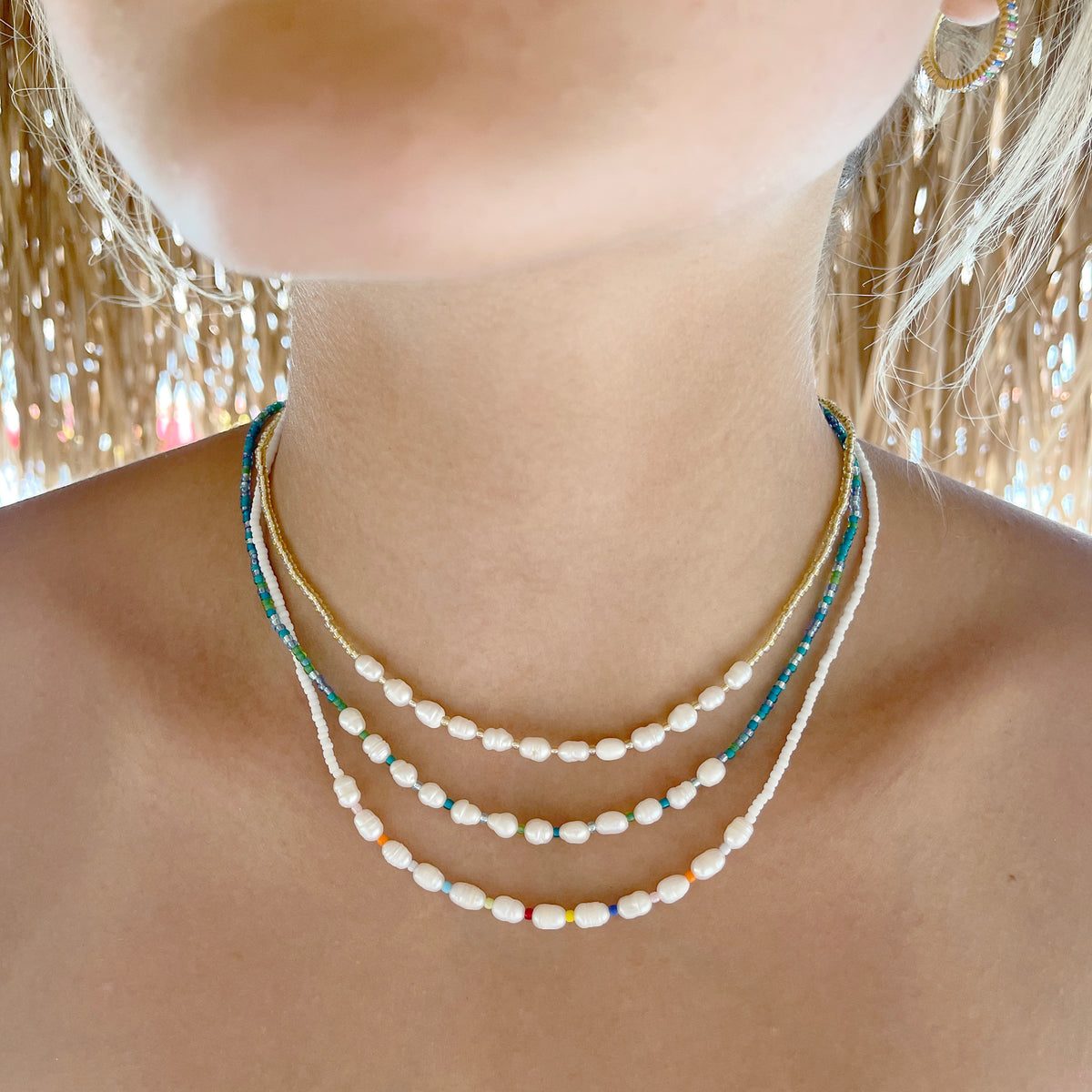 Blue Seed Bead &amp; Rice Pearl Necklace - Viva life Jewellery